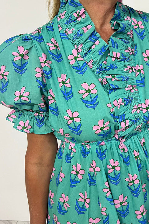 Preppy Floral Print Ruffled Tie Neck Smocked Waist Mini Dress